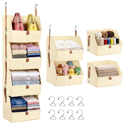4-Tier Modular Hanging Closet Organizer, Heavy-Duty Detachable Clothes Hanging Shelves with Reinforced Zippers and 8 Durable Hooks, Versatile Fabric Storage Bins for Bedroom, RV, Nursery