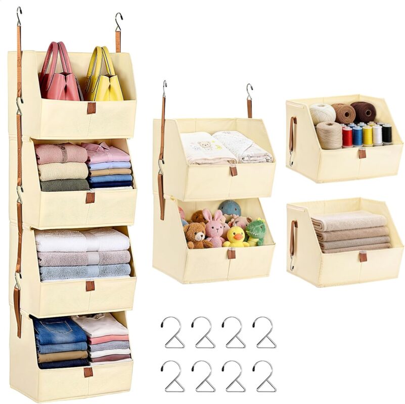 4-Tier Modular Hanging Closet Organizer, Heavy-Duty Detachable Clothes Hanging Shelves with Reinforced Zippers and 8 Durable Hooks, Versatile Fabric Storage Bins for Bedroom, RV, Nursery