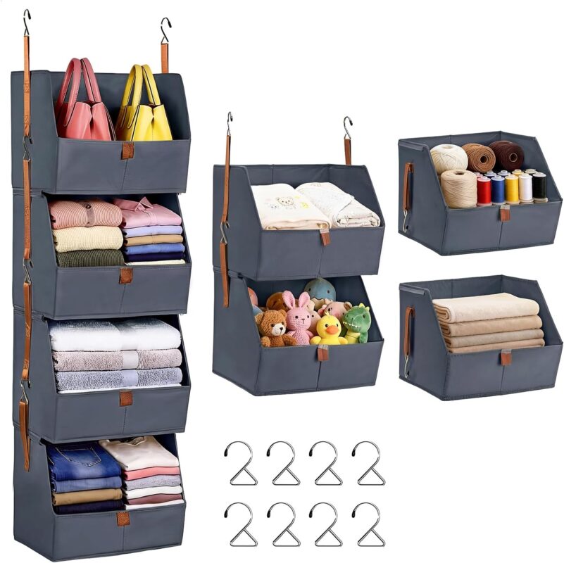 4-Tier Modular Sturdy Hanging Closet Organizer, Heavy-Duty Detachable Clothes Hanging Shelves with Reinforced Zippers and 8 Durable Hooks, Hanging Camper Organizer for Bedroom, RV, Nursery