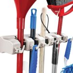 HOME IT Broom and Mop Holder Wall Mount – Heavy Duty Garage Organizer with 5 Slots & 6 Hooks, 7.5lbs Capacity Per Slot – Easy Install Storage Rack for Home, Kitchen, Laundry Room & Garden – Off-White