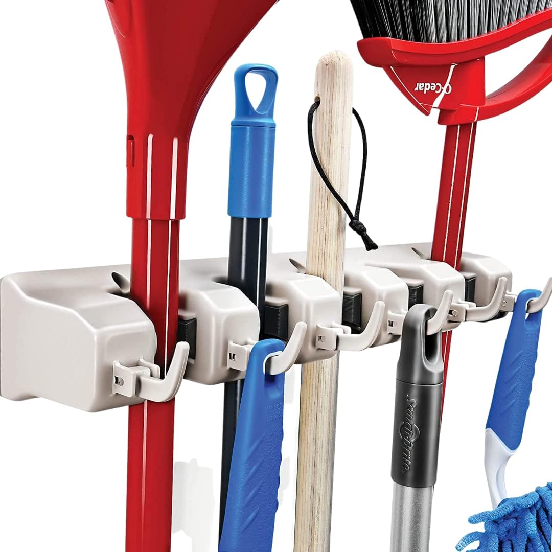 HOME IT Broom and Mop Holder Wall Mount – Heavy Duty Garage Organizer with 5 Slots & 6 Hooks, 7.5lbs Capacity Per Slot – Easy Install Storage Rack for Home, Kitchen, Laundry Room & Garden – Off-White HOME IT Broom and Mop Holder Wall Mount – Heavy Duty Garage Organizer with 5 Slots & 6 Hooks, 7.5lbs Capacity Per Slot – Easy Install Storage Rack for Home, Kitchen, Laundry Room & Garden – Off-White