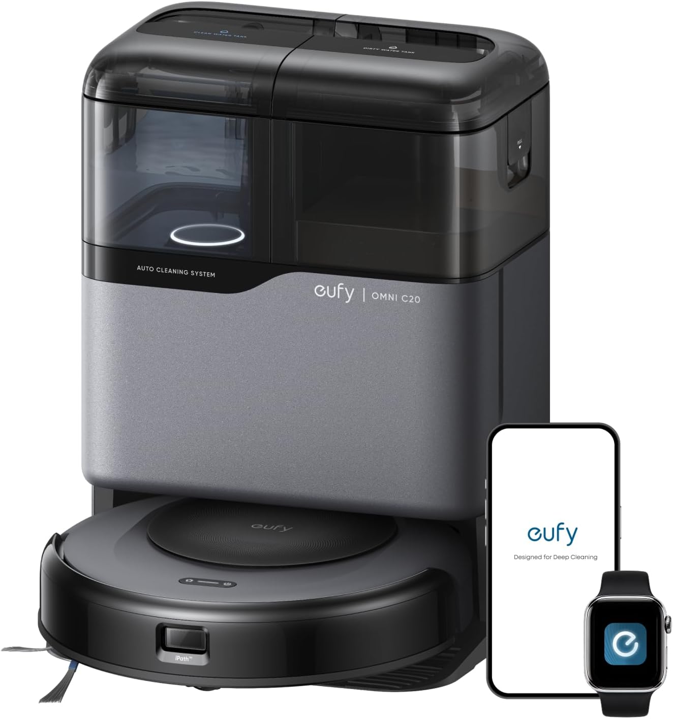eufy Robot Vacuum Omni C20, 7,000 Pa, 60 Days Self Emptying, Auto Mop Washing, Auto Drying, 3.35″ Ultra Slim, Transparent Tanks, Robot Vacuum and Mop Combo