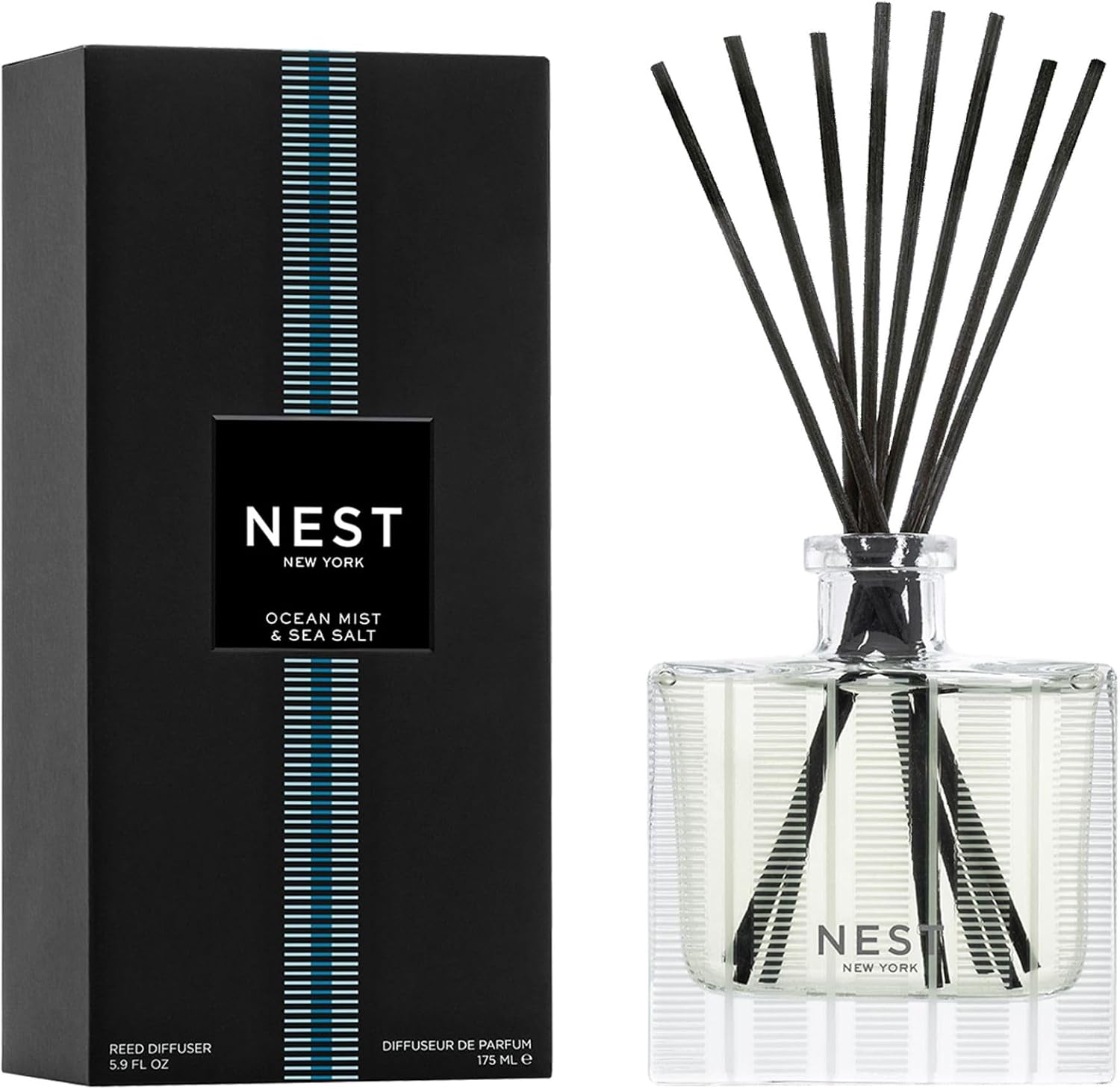 NEST New York Reed Diffuser, Ocean Mist & Sea Salt – 5.9 fl oz – Fragrance for Up to 90 Days – Reusable, Refillable Glass Holder – Includes 8 All-Natural Reed Sticks – Flame Free